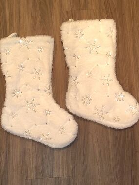 Plush White Sequin Snowflake Holiday Stockings - Set of 2